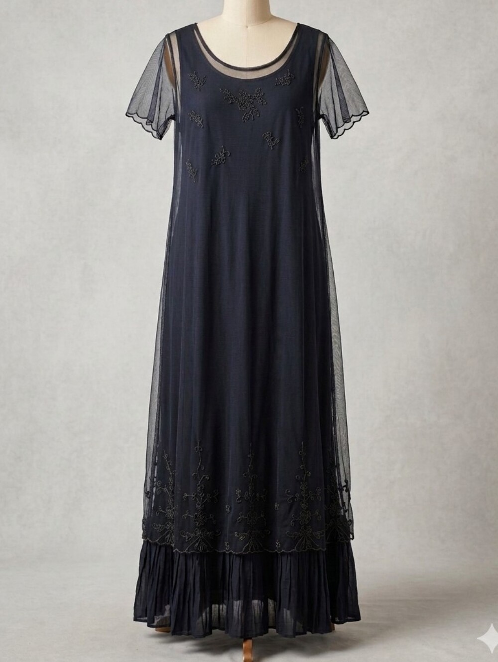 Vintage April Cornell Dark Blue Beaded Mesh Overlay Dress Medium Pleated Hem